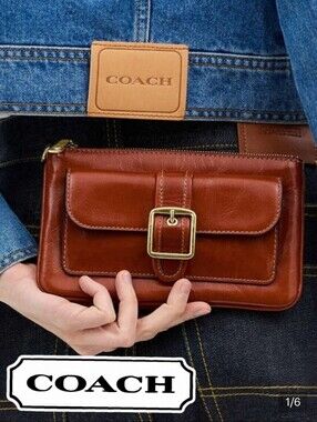 COACH Glazed Leather Buckle & Flap Detail Large Wristlet In Cinnamon W/Gold, NEW